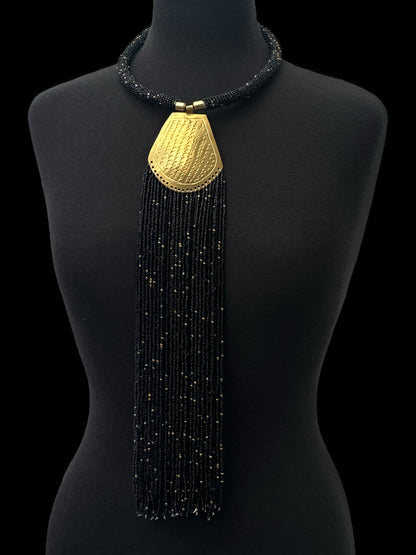 Long Authentic African Engraved Brass Black Beaded Fringe Pendant Necklace - Fatisha Boutique #