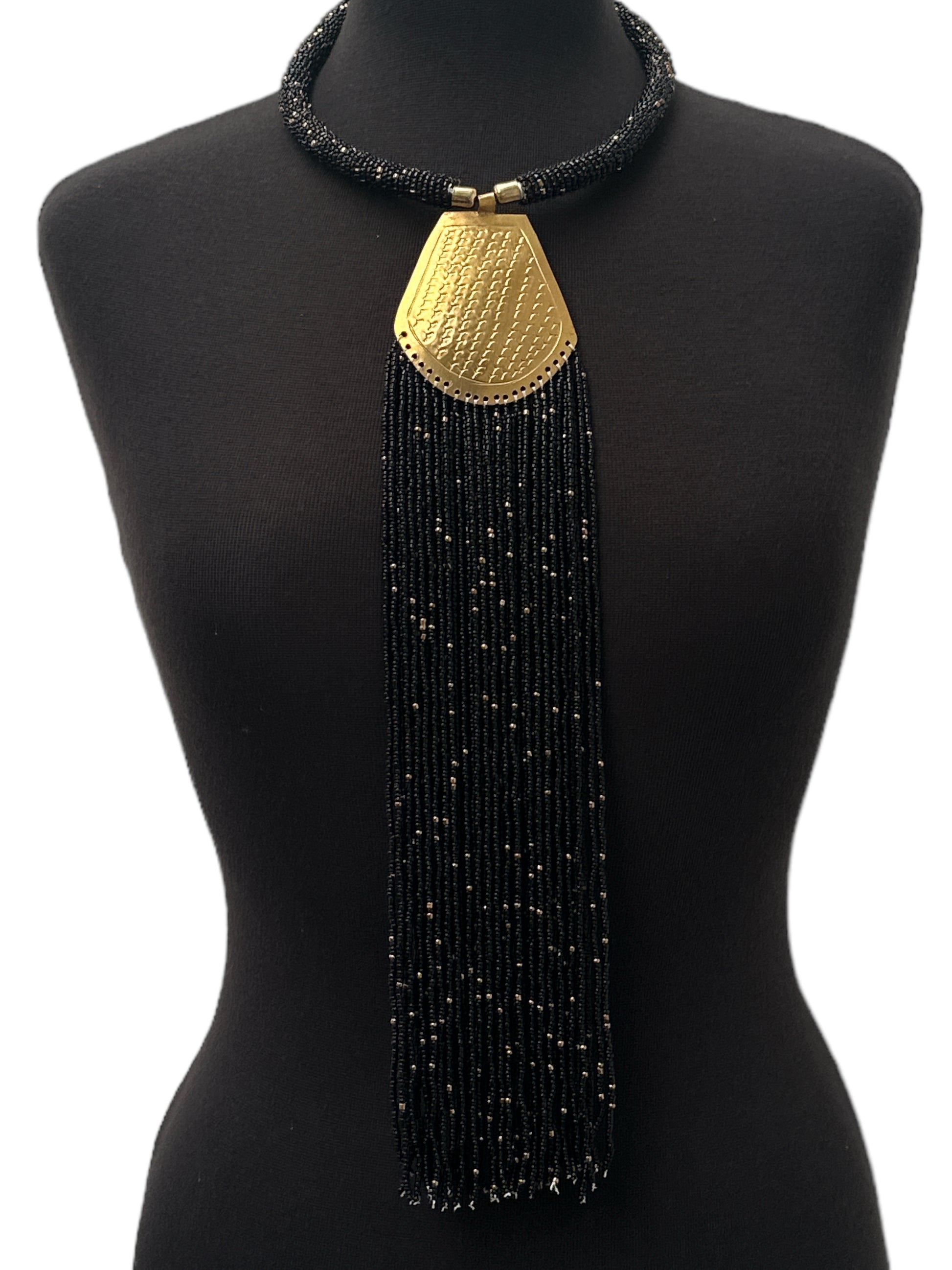 Long Authentic African Engraved Brass Black Beaded Fringe Pendant Necklace - Fatisha Boutique #