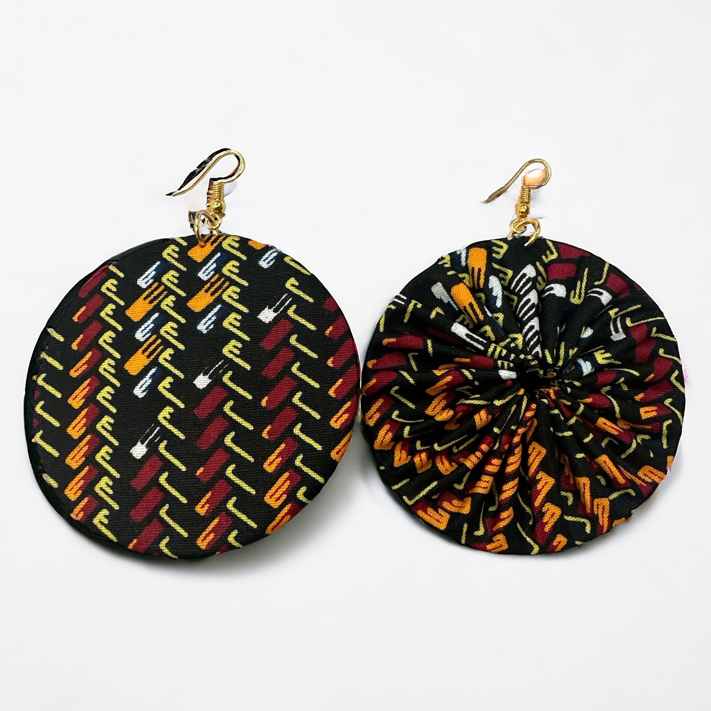 Black Ankara Fabric Statement Earrings – Handmade African Print Round Dangle Jewellery - Fatisha Boutique #