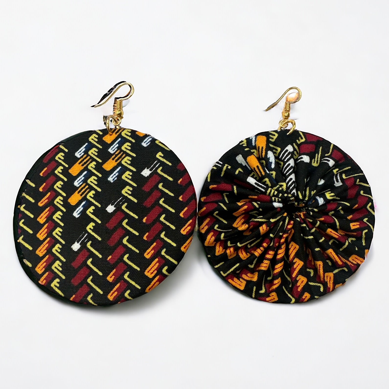 Black Ankara Fabric Statement Earrings – Handmade African Print Round Dangle Jewellery - Fatisha Boutique #