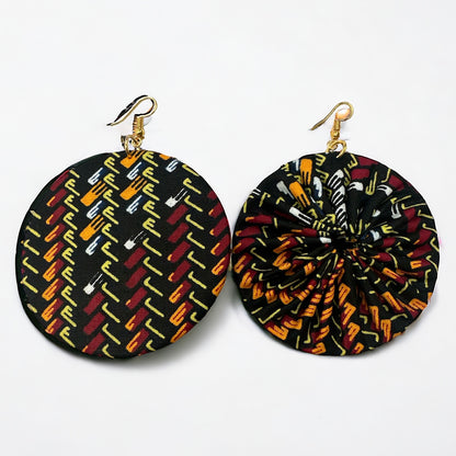 Black Ankara Fabric Statement Earrings – Handmade African Print Round Dangle Jewellery - Fatisha Boutique #