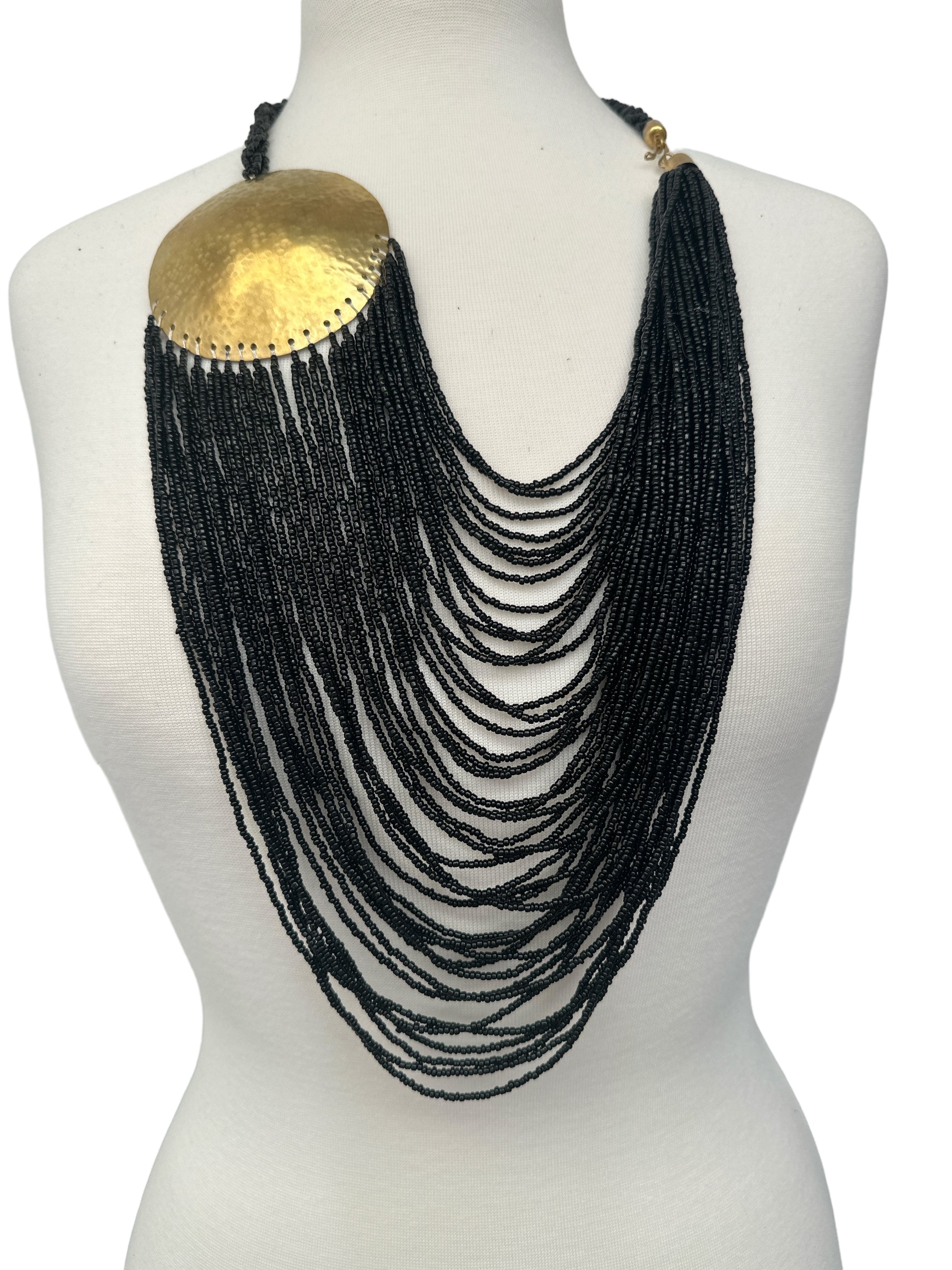 Black African Beaded Necklace with Brass Disc Pendant – Ethnic Jewellery - Fatisha Boutique #