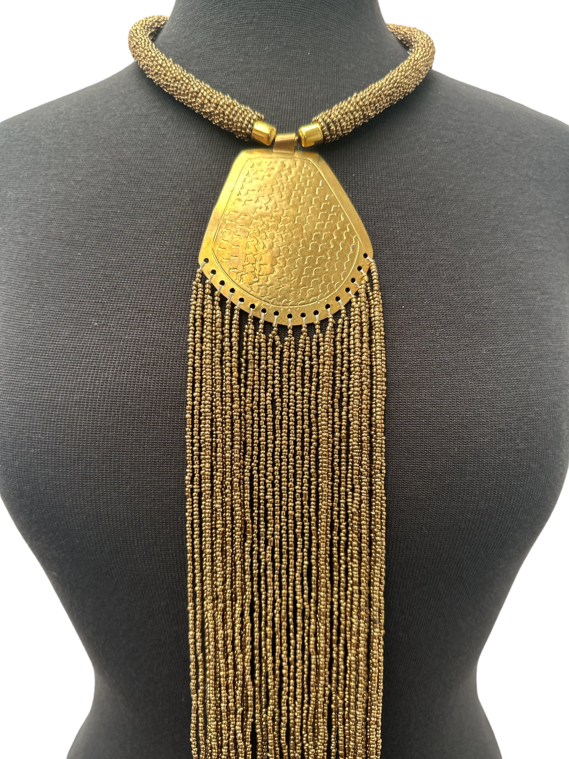 Long African Statement Necklace – Gold Beaded Fringe with Engraved Brass Pendant - Fatisha Boutique #