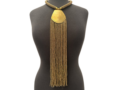 Long African Statement Necklace – Gold Beaded Fringe with Engraved Brass Pendant - Fatisha Boutique #