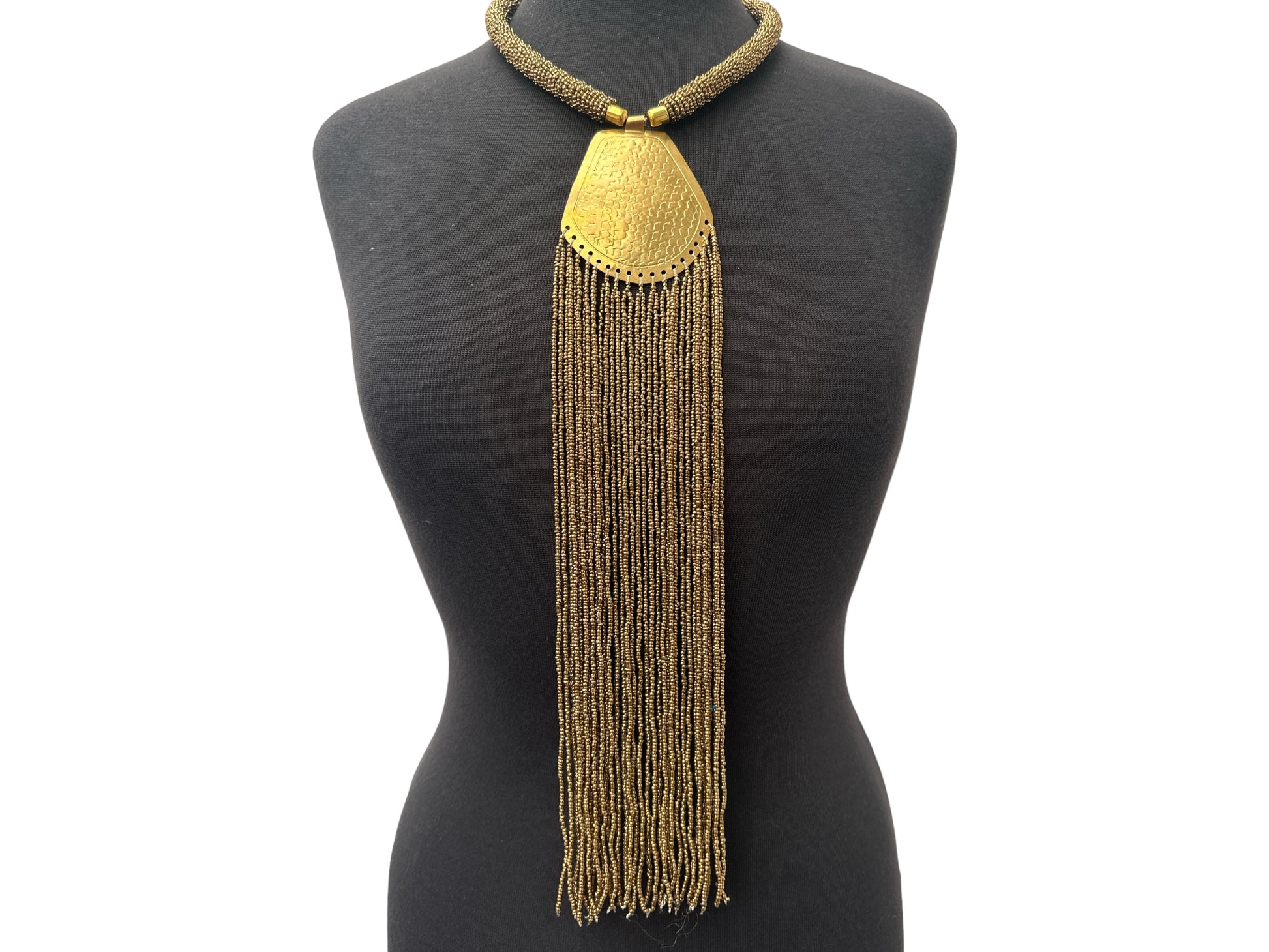 Long African Statement Necklace – Gold Beaded Fringe with Engraved Brass Pendant - Fatisha Boutique #