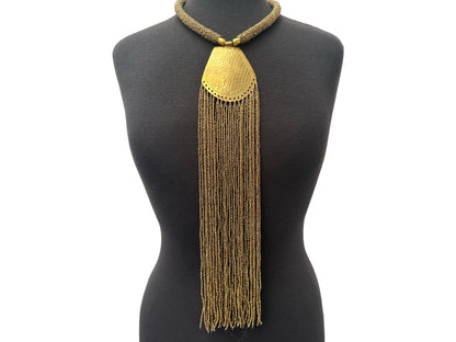 Long African Statement Necklace – Gold Beaded Fringe with Engraved Brass Pendant - Fatisha Boutique #