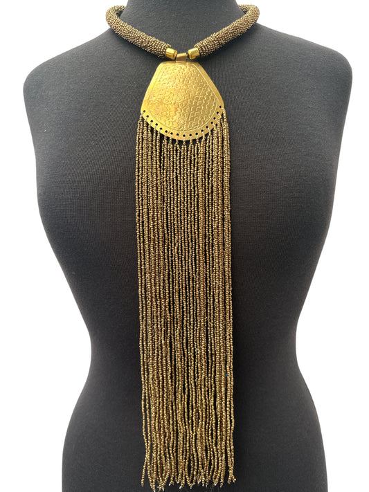 Long African Statement Necklace – Gold Beaded Fringe with Engraved Brass Pendant - Fatisha Boutique #