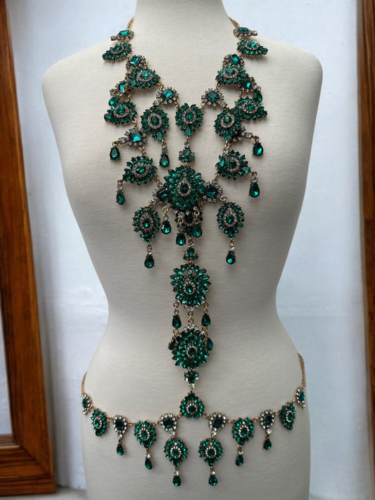 Green Rhinestone Full Body Chain Jewelry – Boho Statement Bridal Festival Harness - Fatisha Boutique #