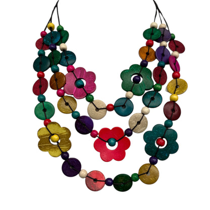 Boho Multicolour Coconut Shell Flower Necklace – Ethnic Beaded Statement Jewellery