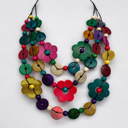 Boho Multicolour Coconut Shell Flower Necklace – Ethnic Beaded Statement Jewellery