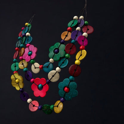 Boho Multicolour Coconut Shell Flower Necklace – Ethnic Beaded Statement Jewellery