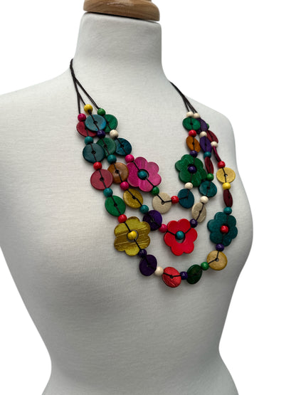 Boho Multicolour Coconut Shell Flower Necklace – Ethnic Beaded Statement Jewellery