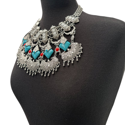 Bohemian Tribal Statement Necklace – Antique Gold & Silver Ethnic Pendant