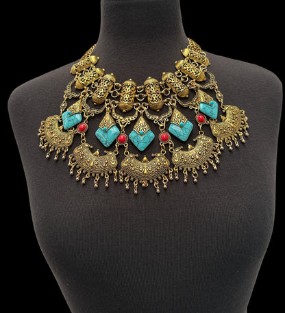 Bohemian Tribal Statement Necklace – Antique Gold & Silver Ethnic Pendant