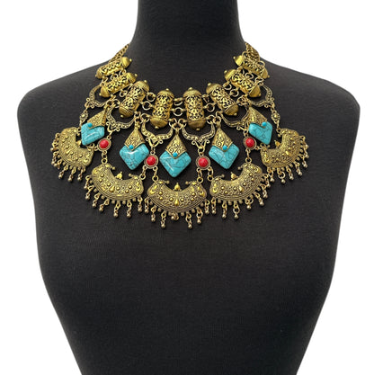 Bohemian Tribal Statement Necklace – Antique Gold & Silver Ethnic Pendant