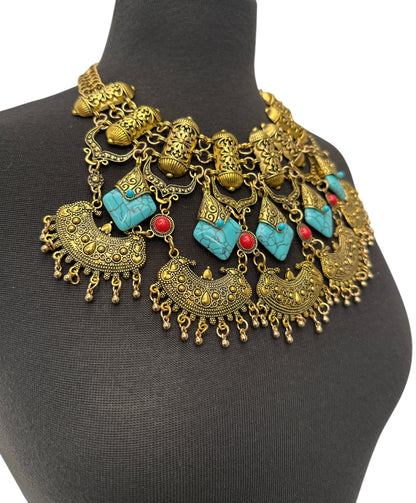 Bohemian Tribal Statement Necklace – Antique Gold & Silver Ethnic Pendant