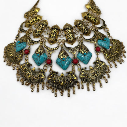 Bohemian Tribal Statement Necklace – Antique Gold & Silver Ethnic Pendant