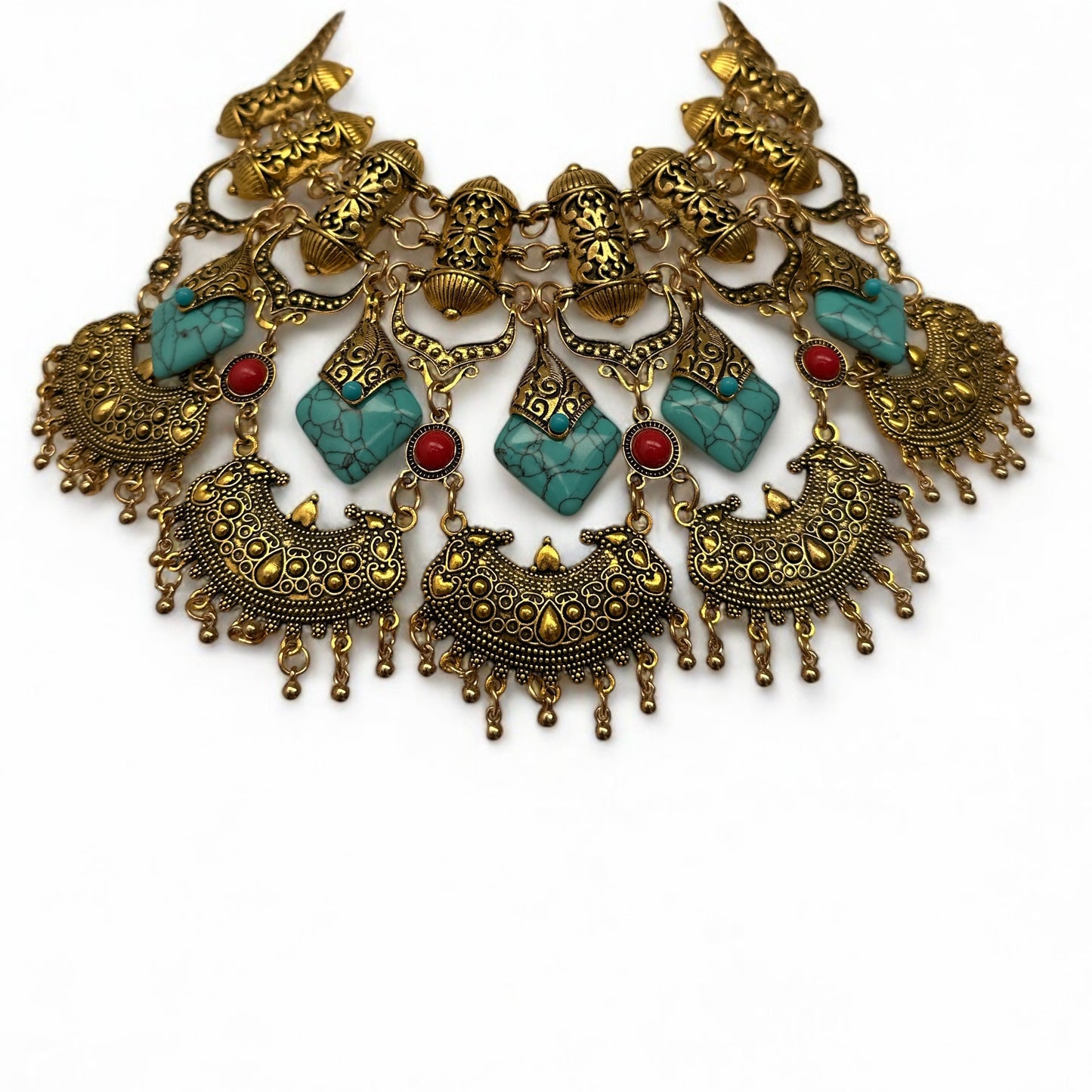 Bohemian Tribal Statement Necklace – Antique Gold & Silver Ethnic Pendant