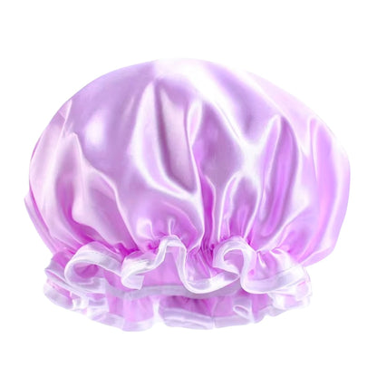 Double Layer Satin Silk Shower Bonnet – Reusable Waterproof Hair Cap with Ruffles
