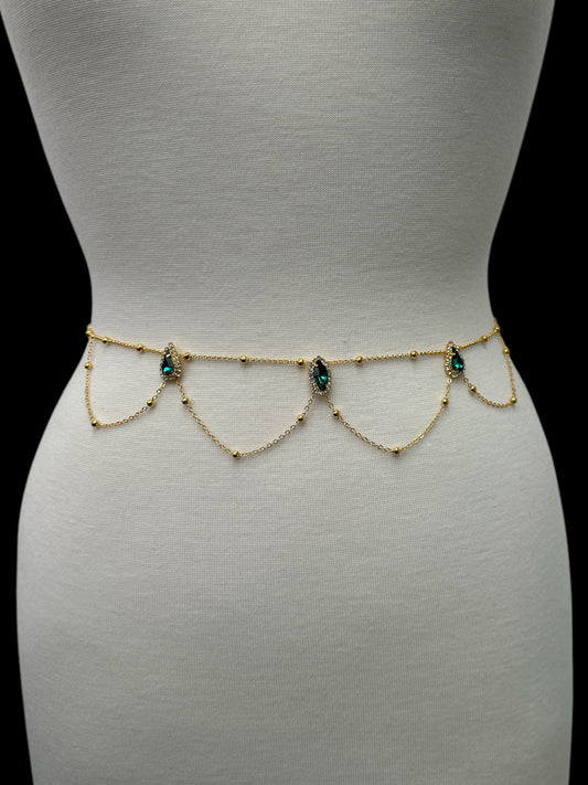 Rhinestone Crystal Belly Chain – Green & White Body Jewellery for Summer Looks