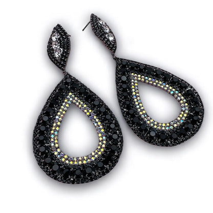 Statement Crystal Teardrop Earrings – Black Iridescent Drop for Glam Events