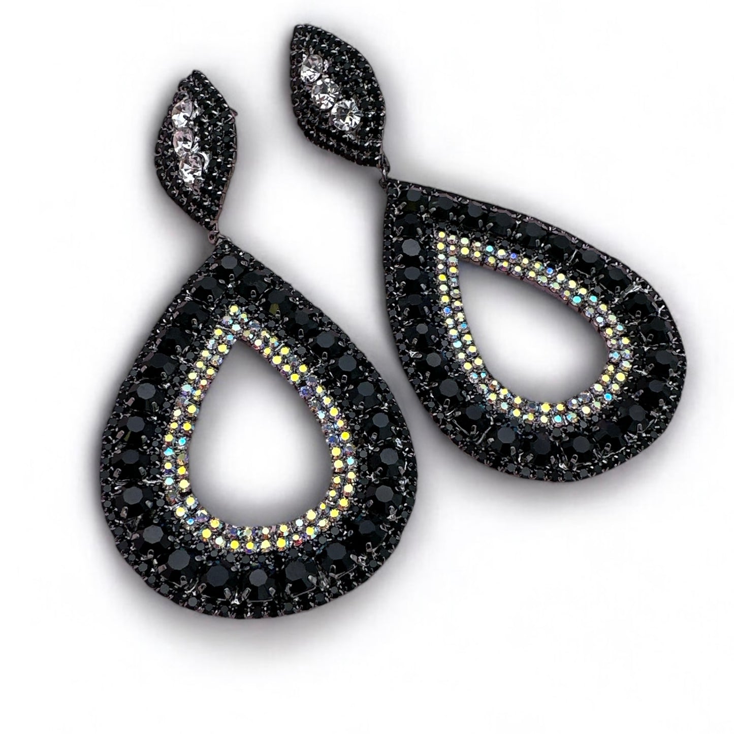 Statement Crystal Teardrop Earrings – Black Iridescent Drop for Glam Events