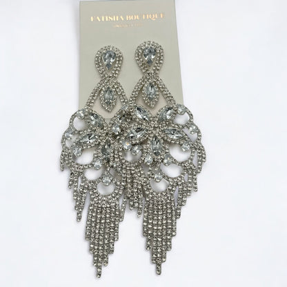 Long Rhinestone Chandelier Tassel Earrings – Big Statement Crystal Drops for Events