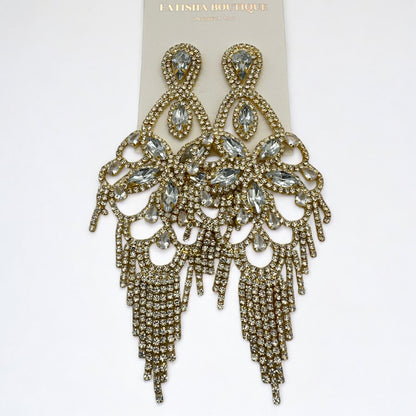 Long Rhinestone Chandelier Tassel Earrings – Big Statement Crystal Drops for Events