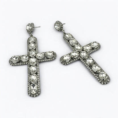 Bold Crystal Cross Statement Earrings – Oversized Glam Look in 7 Colours