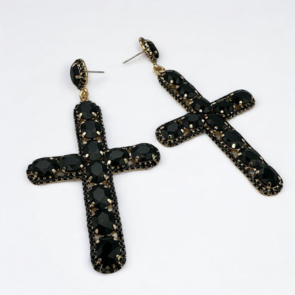 Bold Crystal Cross Statement Earrings – Oversized Glam Look in 7 Colours