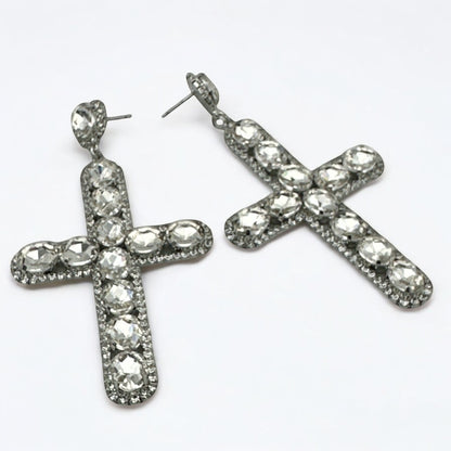 Bold Crystal Cross Statement Earrings – Oversized Glam Look in 7 Colours