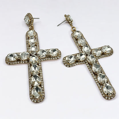 Bold Crystal Cross Statement Earrings – Oversized Glam Look in 7 Colours
