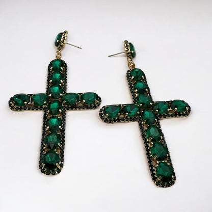 Bold Crystal Cross Statement Earrings – Oversized Glam Look in 7 Colours