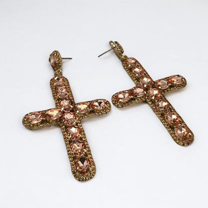 Bold Crystal Cross Statement Earrings – Oversized Glam Look in 7 Colours