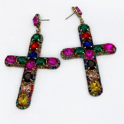 Bold Crystal Cross Statement Earrings – Oversized Glam Look in 7 Colours