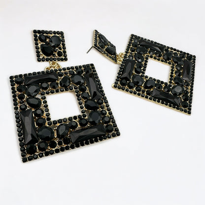 Big Rhinestone Statement Earrings – Square Drop Dangle Earrings for Women | Black, Silver, or Multicolour | Bold Glam Party Jewellery