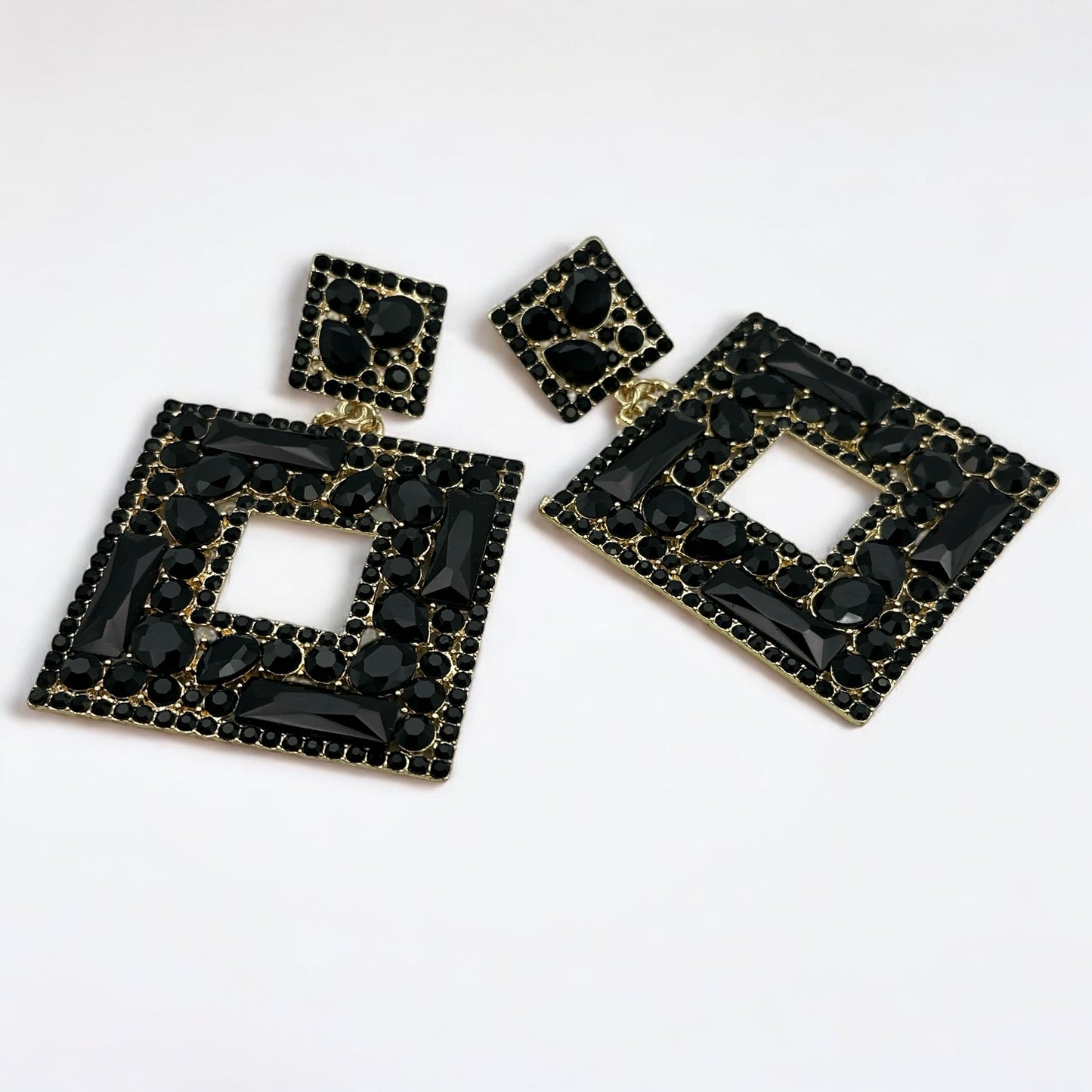 Big Rhinestone Statement Earrings – Square Drop Dangle Earrings for Women | Black, Silver, or Multicolour | Bold Glam Party Jewellery