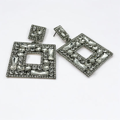 Big Rhinestone Statement Earrings – Square Drop Dangle Earrings for Women | Black, Silver, or Multicolour | Bold Glam Party Jewellery