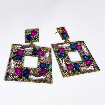 Big Rhinestone Statement Earrings – Square Drop Dangle Earrings for Women | Black, Silver, or Multicolour | Bold Glam Party Jewellery