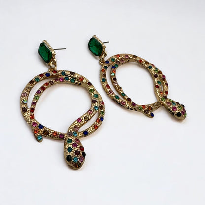 Elegant Diamante Multicoloured Snake Design Earrings – Statement Sparkle Glam
