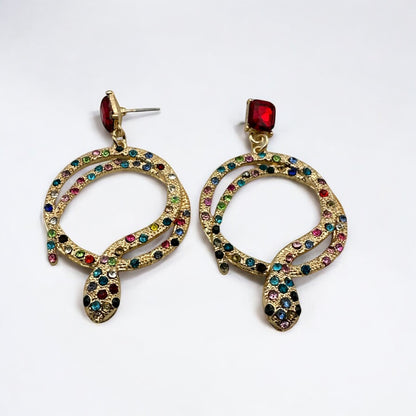 Elegant Diamante Multicoloured Snake Design Earrings – Statement Sparkle Glam