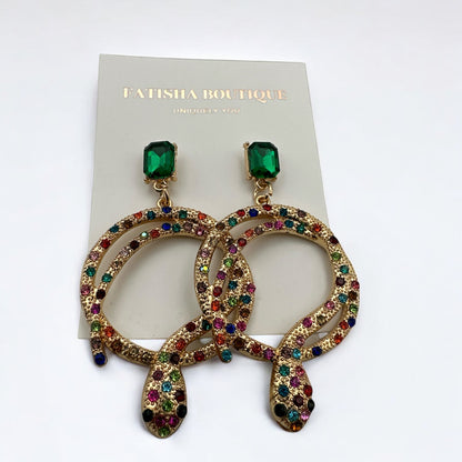 Elegant Diamante Multicoloured Snake Design Earrings – Statement Sparkle Glam