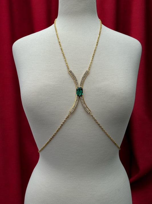 Green Rhinestone Bralette Body Chain – Gold & Silver Statement Festival Jewellery - Fatisha Boutique #