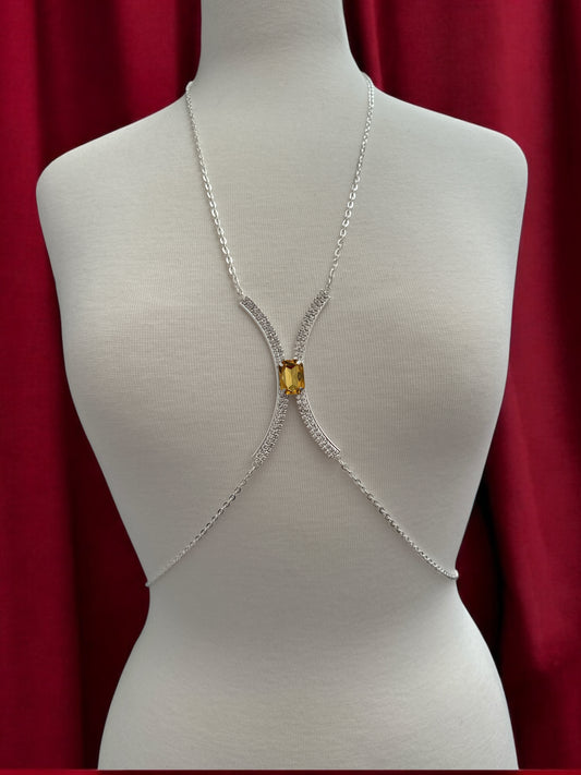 Centred Yellow Rhinestone Bralette Body Chain – Gold & Silver Statement Jewellery - Fatisha Boutique #