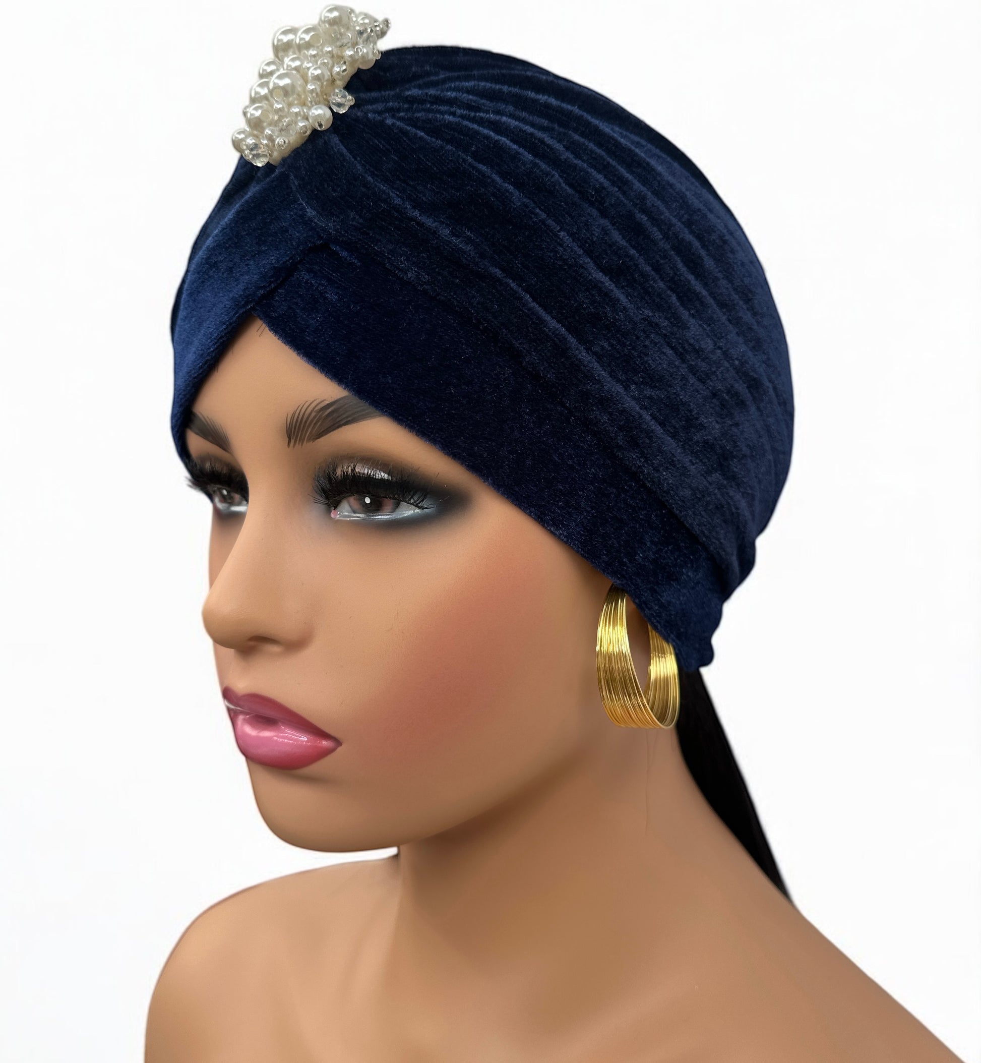 Elegant Velvet Turban Cap with Pearl Beads – Pre-Tied, Lightweight, Ready to Wear Headwrap for Women - Fatisha Boutique #