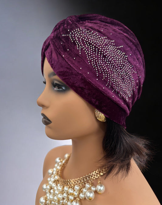Elegant Plum Velvet Turban Cap – Pre-Tied Lightweight Rhinestone Headwrap for Women UK