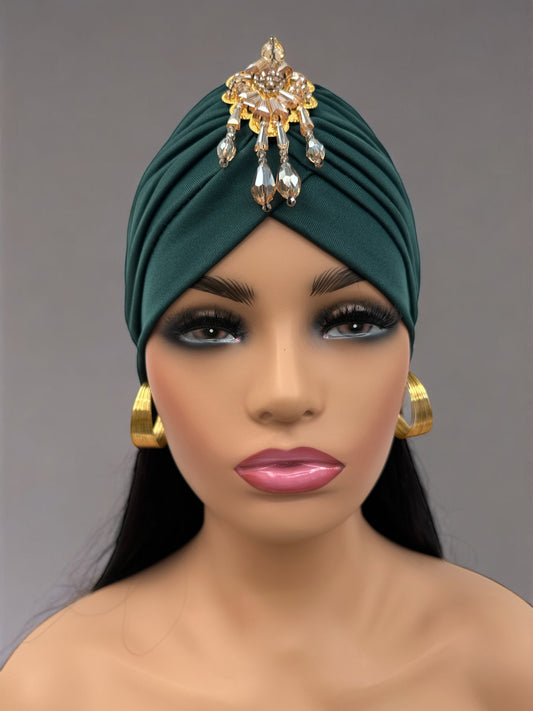 Luxury Pre-Tied Tassel Turban Cap for Women - Elegant Pleated Design w/ Crystal Beads