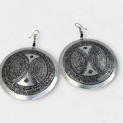 Engraved Silver Aluminium Round Earrings – Lightweight Afrocentric Dangle Jewellery UK - Fatisha Boutique #