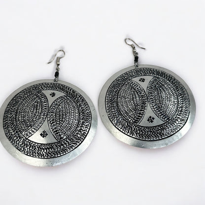 Engraved Silver Aluminium Round Earrings – Lightweight Afrocentric Dangle Jewellery UK - Fatisha Boutique #