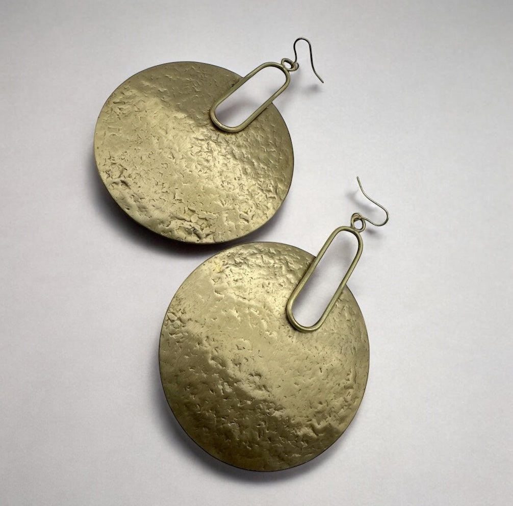 Hammered Brass Disc Statement Earrings – Bold Geometric Dangle Jewellery for Women | Handmade UK
